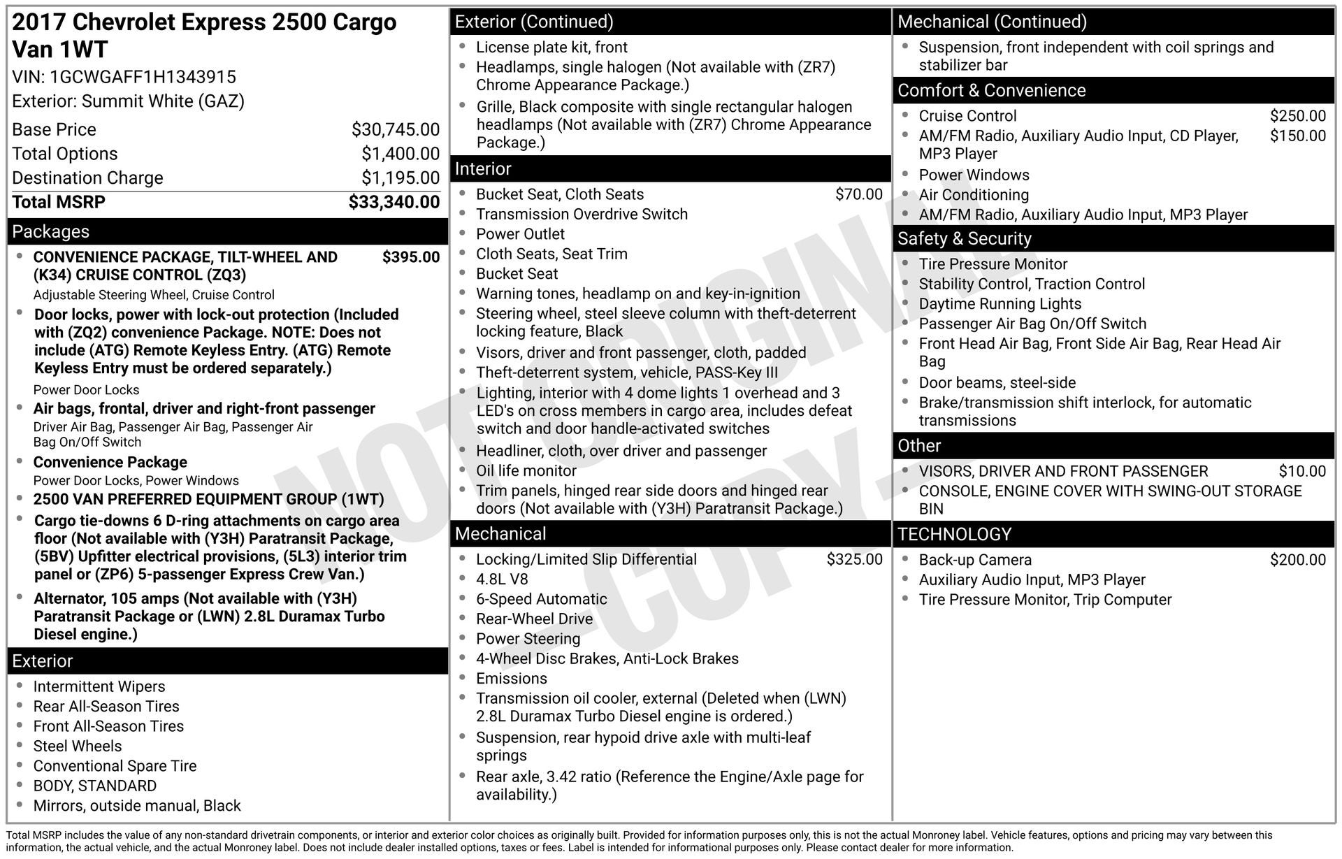 2017 Chevrolet Express 2500 Work Van Cargo
